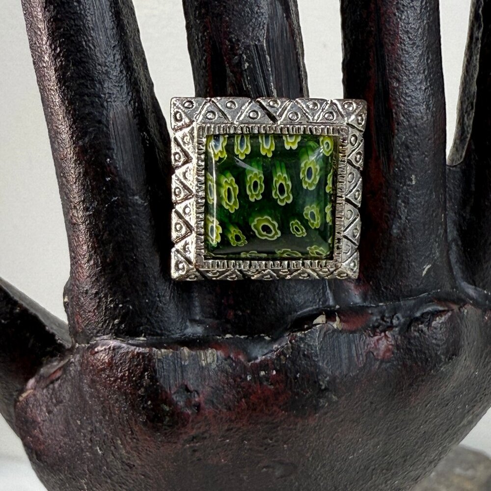 Millefiori Green Flower Glass Adjustable Ring Size 7